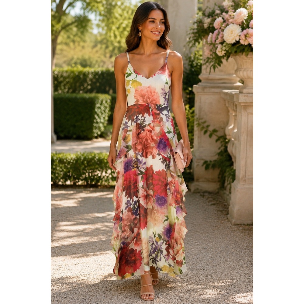 Siena Floral Tiered Maxi Dress V-Neck Ruffle Metallic Stripe Multi-Color Size 2